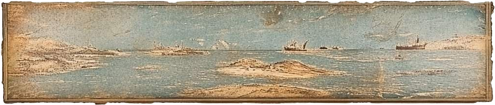 A painted coast with ships and islands